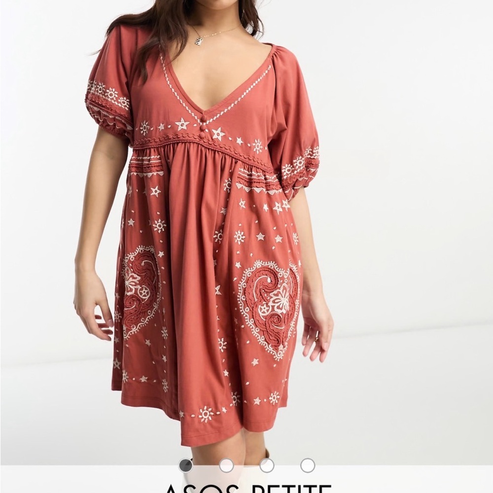 ASOS Petite V-neck dress in rust & cream